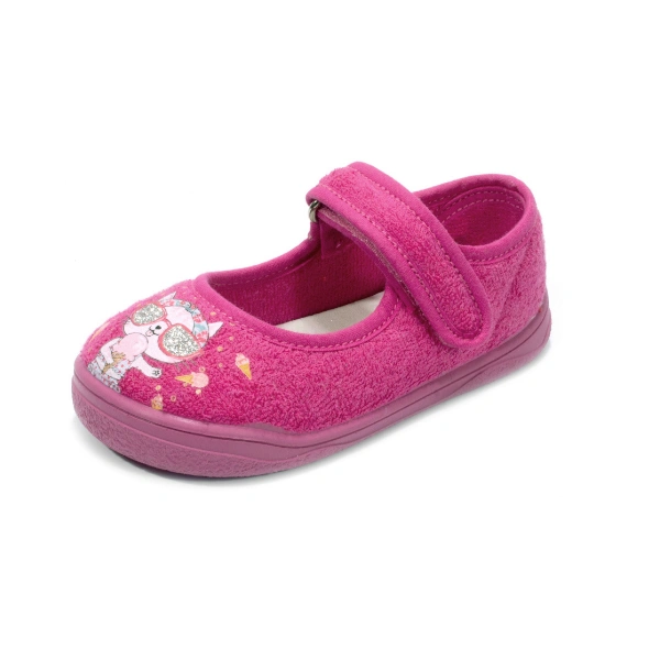 Zapy zapatilla de casa gato rosa de rizo con tira de velcro y gato con gafas de purpurina, vista lateral