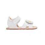 Techno baby sandalia flor en piel blanca, vista lateral con cierre de velcro y flor de centro amarillo
