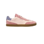 Zapatilla Groundies Panama Rosa de lado, en piel rosa claro y ante rosa, con talón azul y suela marrón caramelo
