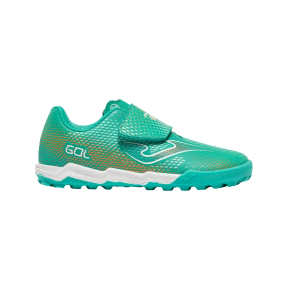 Zapatilla de fútbol Joma Gol Junior Turf turquesa con velcro, detalles naranjas y suela de microtacos, vista lateral