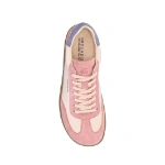 Zapatilla Groundies Panama Rosa vista desde arriba, de ante rosa y piel crema con talón lila y cordones claros