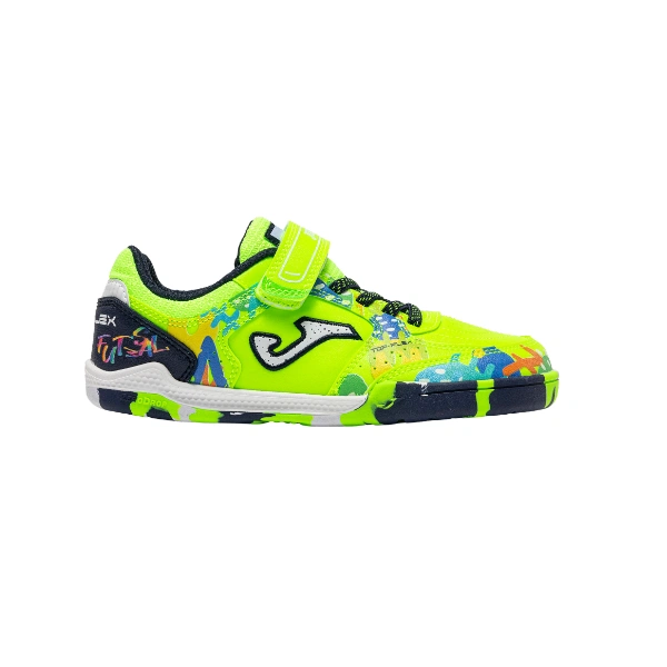 Zapatilla de fútbol sala Joma Top-flex verde flúor con velcro, estampado multicolor y suela jaspeada, vista lateral