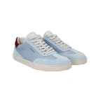 Zapatillas Groundies Panama Azul de piel y ante azul claro con talón granate y suela blanca, vista lateral del par