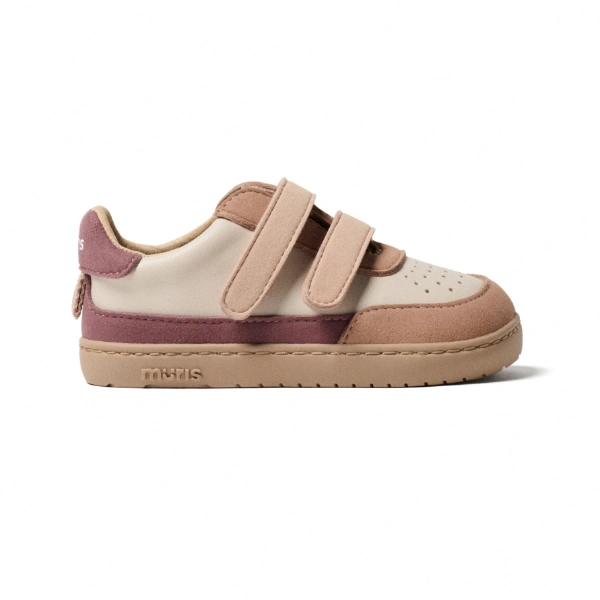 Zapatilla infantil Muris Petra Mini en crema y rosa con detalles malva y dos tiras de velcro, vista lateral