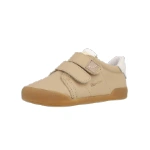 Zapato infantil Blanditos Londres Arena de piel beige con dos velcros y suela de goma color miel, vista lateral delantera