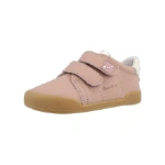 Zapatilla infantil Blanditos Londres rosa de piel con dos velcros, talón blanco y suela color miel, vista lateral