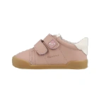 Zapatilla infantil Blanditos Londres Rosa de piel con dos velcros, talón blanco y suela color miel, vista lateral