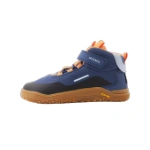 Bota infantil Primigi Barefoot azul índigo con velcro, cordones naranjas y suela Vibram color miel, vista lateral