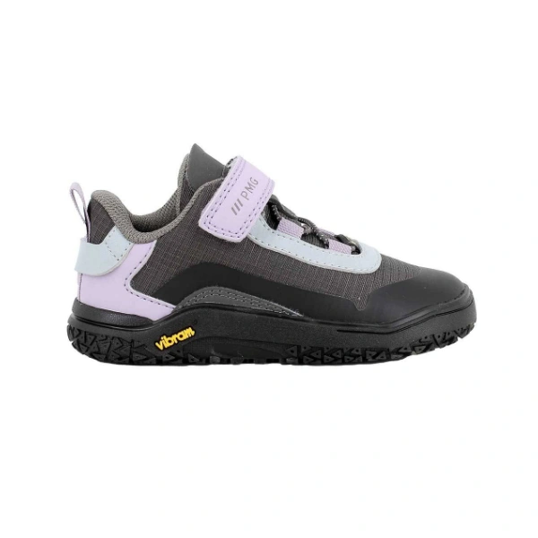 Zapatilla deportiva Primigi Goretex orchidea en gris y lila con velcro, cordón elástico y suela Vibram, vista lateral