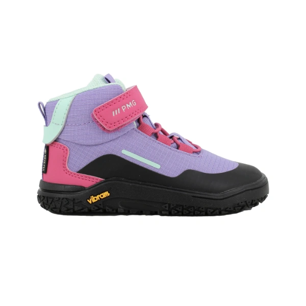 Bota infantil Primigi Barefoot Goretex Canyon lila y rosa con velcro, cordón elástico y suela Vibram negra, vista lateral