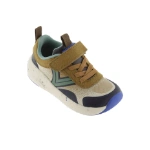 Zapatilla infantil Victoria Kai taupe con velcro, cordones elásticos, detalles verdes y marino y puntera azul, vista lateral