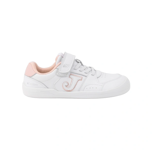 Zapatilla infantil Joma Academy blanca con talón y logotipo J en rosa, velcro y cordones, vista lateral