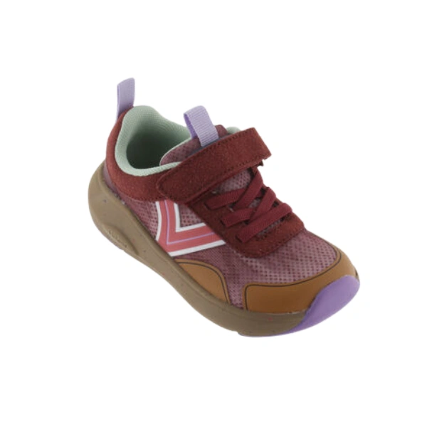 Zapatilla infantil Victoria Kai burdeos con velcro y cordones, rejilla rosa, puntera malva y suela marrón, vista lateral