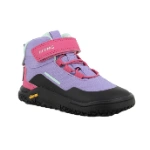 Bota barefoot infantil Primigi tulipa en lila y fucsia con velcro, cordón elástico y suela negra Vibram, vista lateral