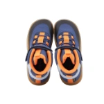 Botas Primigi Barefoot indaco vistas desde arriba, en azul marino con cordones elásticos, velcro y forro naranja