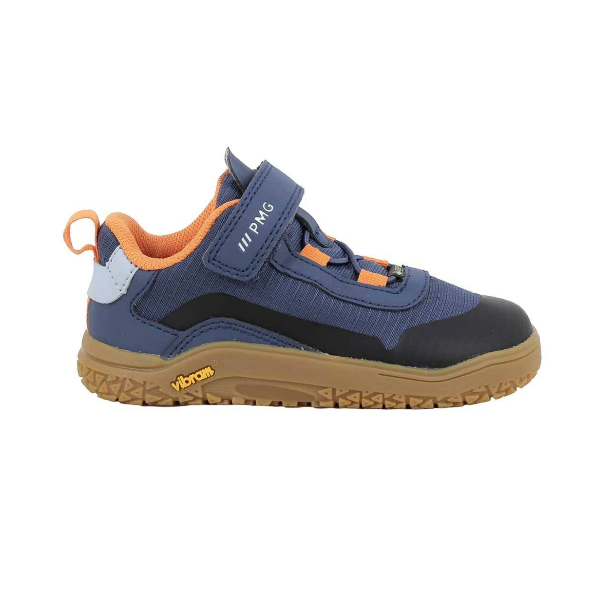 4 Zapatilla Primigi Goretex deportiva indaco con velcro, cordones naranjas y suela Vibram color miel, vista lateral