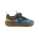Zapatilla infantil Victoria Kai azul con velcro, cordones elásticos, talón amarillo y suela marrón, vista lateral