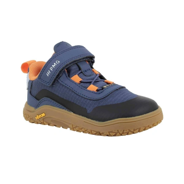 Deportiva Primigi Goretex indaco con velcro, cordones elásticos naranjas y suela Vibram color caramelo, vista lateral
