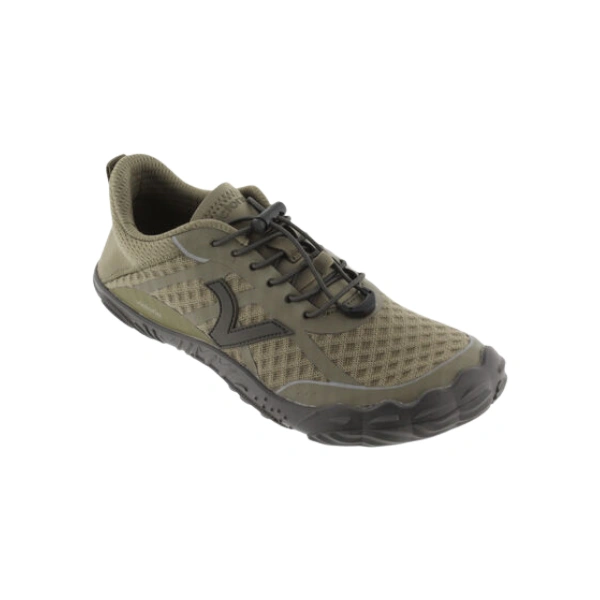 Zapatilla Victoria Terratech kaki de rejilla con cordones elásticos negros y suela gruesa negra, vista lateral