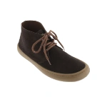 Botín Victoria Olmo marrón de ante con cordones jaspeados y suela de goma color caramelo, vista lateral en tres cuartos