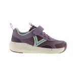 Zapatilla infantil Victoria Kai Malva de perfil, con velcro, cordones elásticos, uve verde agua y suela crema moteada