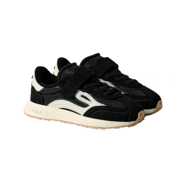 Zapatillas Lejan Melrose Kids Noir negras de ante y nailon con velcro, detalles crema y suela color hueso