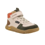 Bota barefoot Primigi Gtx Fly Naturale en piel beige con detalles verde oliva, velcro y suela Vibram, vista lateral