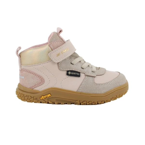 Bota barefoot infantil Primigi Gore-Tex en rosa y platino con velcro, cordones elásticos y suela Vibram, vista lateral