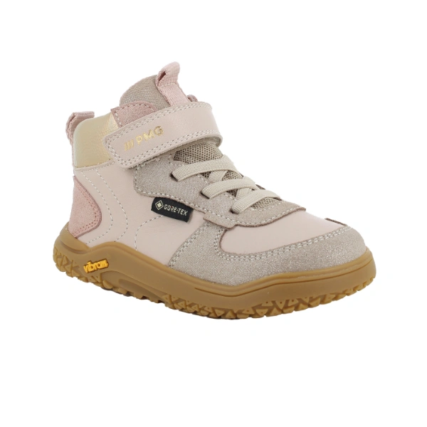 Bota barefoot Primigi Gore-Tex rosa empolvado y platino con velcro, cordones elásticos y suela Vibram color miel
