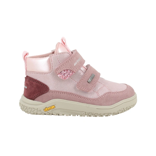 Bota barefoot Primigi Gtx Candy rosa con dos velcros, detalle de purpurina y suela Vibram, vista lateral