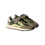 Par de zapatillas Lejan Melrose Kids Olive de ante caqui con velcro, cordones y detalles verde lima, vista lateral