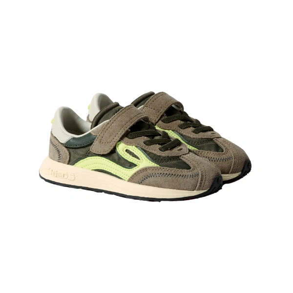 Par de zapatillas Lejan Melrose Kids Olive de ante caqui con velcro, cordones y detalles verde lima, vista lateral