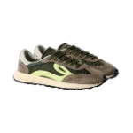 Par de zapatillas Lejan Melrose Olive de nailon verde oliva y ante marrón con logotipo lima y suela crema, vista lateral