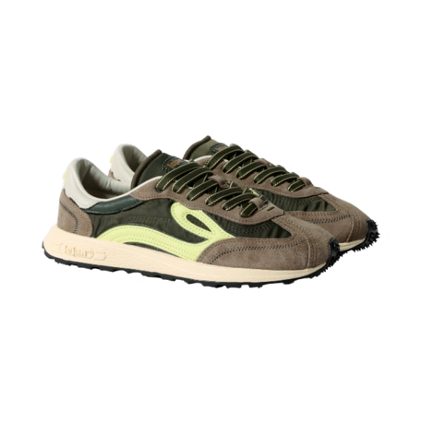 Par de zapatillas Lejan Melrose Olive de nailon verde oliva y ante marrón con logotipo lima y suela crema, vista lateral
