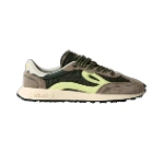 Zapatilla Lejan Melrose adulto Olive de perfil, en nailon verde oliva y ante marrón con logo verde lima y suela crema