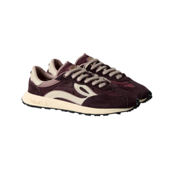 Par de zapatillas Lejan Melrose adulto Burgundy de ante y nailon granate con detalles crema y suela blanca, vista lateral
