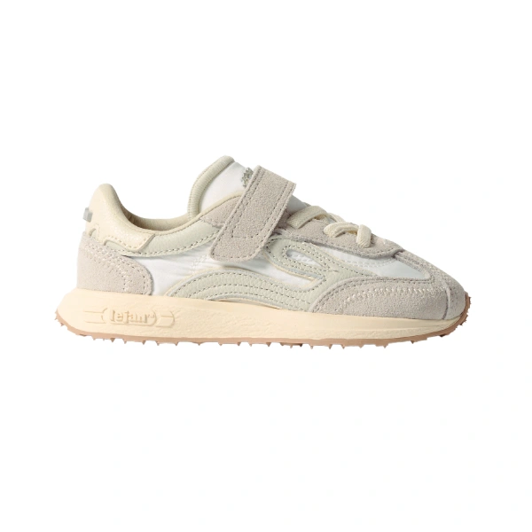 Zapatilla infantil Lejan Melrose Kids White de ante beige y nailon blanco con velcro y cordones elásticos, vista lateral