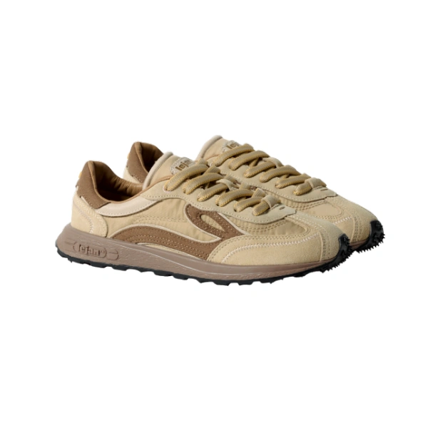 Zapatillas Lejan Melrose adulto Sand Beige de ante y tela con cordones gruesos y suela marrón, vista lateral del par