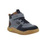 Bota barefoot Primigi Gtx en gris y azul marino con velcro, cordones elásticos y suela Vibram color miel, vista lateral
