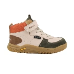 Bota barefoot infantil Primigi Gore-Tex en piel rosa pálido con ante verde y marrón, velcro y suela Vibram, vista lateral